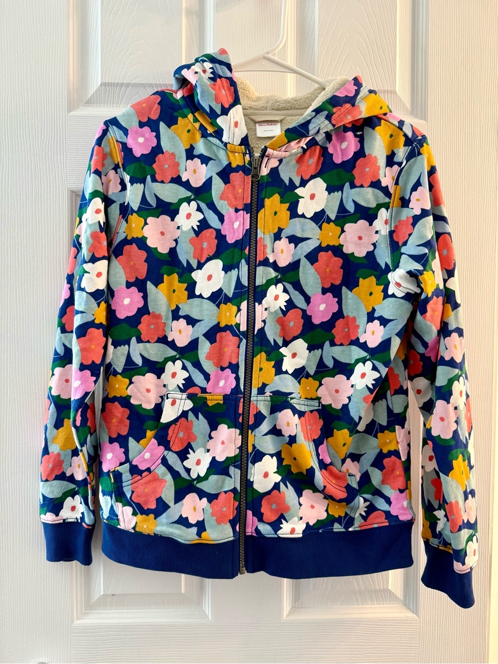 Hanna Andersson Floral Zip-Up Hoodie in Navy with Multicolor Flowers Size 12